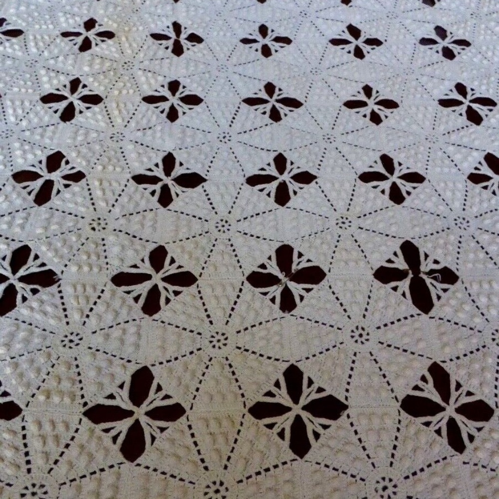 VTG Handmade Crochet Ecru Cotton Bedspread Coverlet double Bed cover 88"x102"